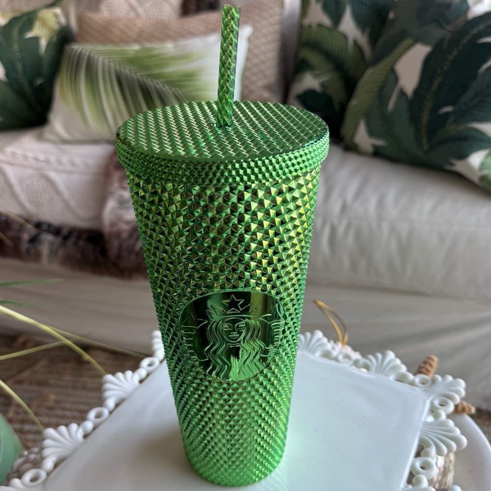 NWT! Starbucks Metallic Green Studded Tumbler with Straw